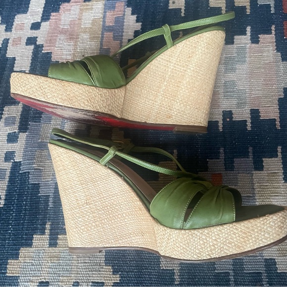 Christian Louboutin Green Leather Strappy Wicker Wedge Sandals Size 37 - Picture 8 of 12